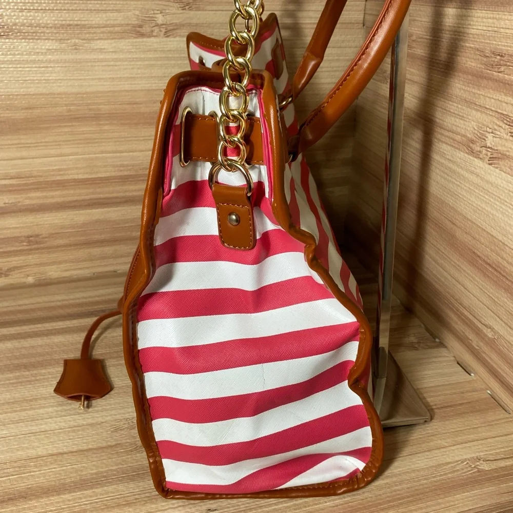 Michael Kors Hamilton Red/White Striped Canvas Leather Large Tote Purs